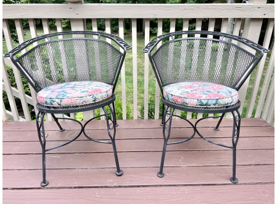 Pair Of Vintage Wrought Iron Outdoor Chairs With Seat Cushions