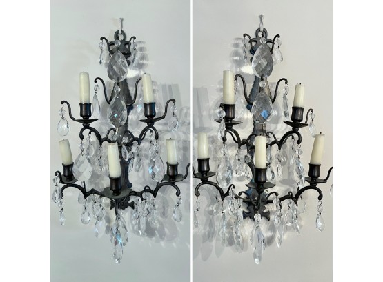 Pair Of Non-Electrified 5 Candle Wall Sconces With Faceted Crystal Prisms