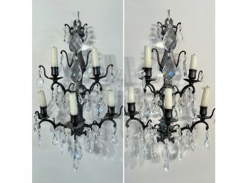 Pair Of Non-Electrified 5 Candle Wall Sconces With Faceted Crystal Prisms