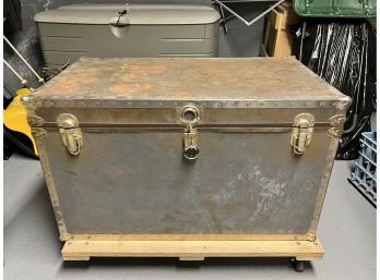 Vintage Brass Bound Hinged Trunk (dolly With Wheels Not Included)