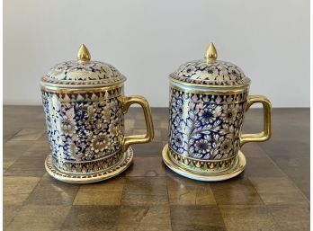 Pair Of Thai Benjarong Gilded  Mug And Saucer Sets