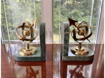Pair Of Lacquered Brass Armillary Sphere Bookends On Green Marble