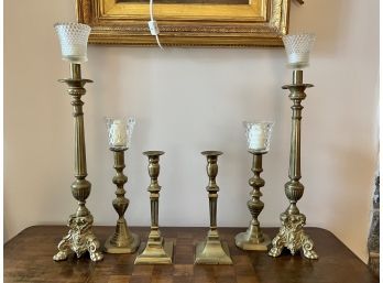 Collection Of 3 Pairs Of Brass Candlesticks Including Two Pair With Glass Votives