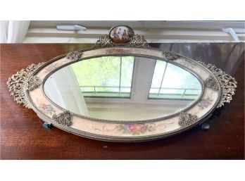 Vintage Oval Dresser Tray  With Filigree Handles And  Porcelain Cameo