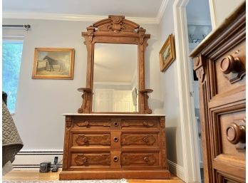 Magnificently Carved Victorian Eastlake Style White Marble Top Dresser With Vanity (contents Not Included)