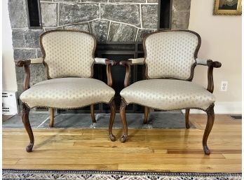 Pair Of Exquisite Custom Upholstered French Fauteuil Arm Chairs