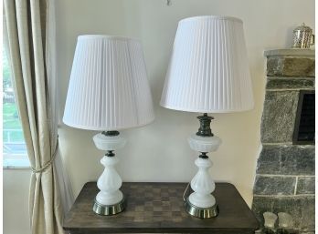 Pair Of Vintage Milk Glass On Brass Lamps