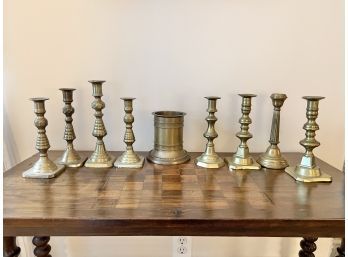 Collection Of 9 Different Brass Candleholders And Candlesticks