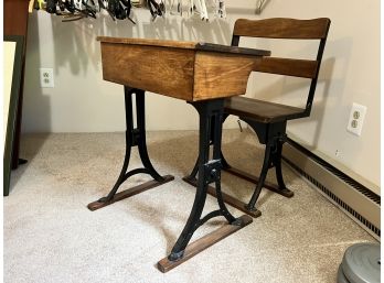 Vintage Childs School Desk And Chair With Iron Frame