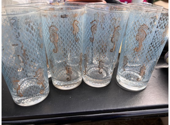 8 Tall Mid Century Glasses With Gold Seahorses