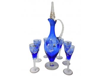Gorgeous Cobalt To Clear Hand Painted Glass Decanter Set