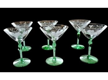 Set Of 6 Vintage Clear Crystal Martini Glasses With Etched Rim And Vaseline Glass Stem