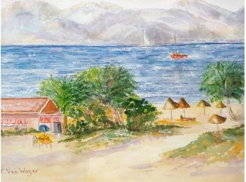 Connecticut Artist Elizabeth Van Wazer Beach With Mountain Backround Watercolor Painting