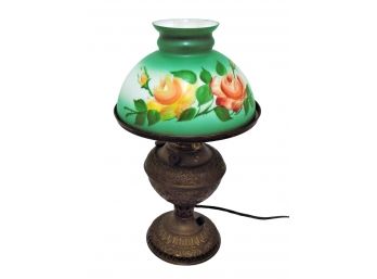 Vintage Hurricane Lamp With Ornate Brass Base Gone With The Wind Style Hand-painted Green Shade With  Flowers