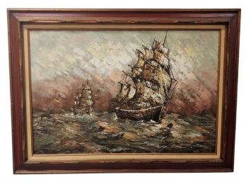 Large Vintage Impressionist Pirate Sailing Ships Oil On Canvas Painting Signed Hilary