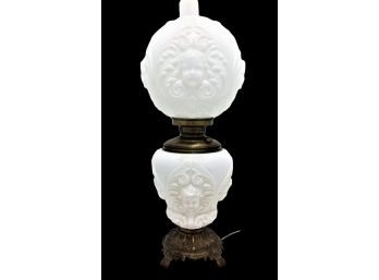 Vintage Milk Glass With Embossed Cherub Faces Electrified Parlor Table Lamp