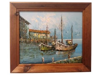 Listed Artist WILLIAM JONES Impressionist Boats In Harbor Oil Painting