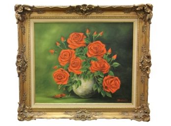 Beautiful Vintage Mid Century Still Life Bouquet Of Roses Oil Painting Signed D Chas Kingsbury
