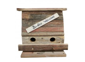Handmade 'Birdies Welcome' 2 Hole Wooden Birdhouse Made From Old Barnwood