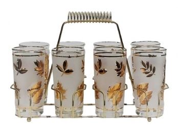 Set Of 8 Libbey Mid Century Golden Foliage Gold Leaf 5 1/2' Frosted Drinking Glasses With Carrier