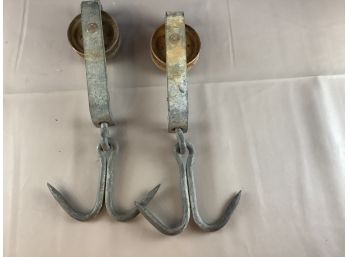 Pair Of Heavy Duty Large Meat Hooks On Rollers