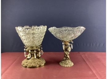Pair Of Heavy Crystal Ornate Bases Fruit Bowl / Candy Dish