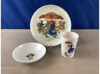 Vintage Walt Disney Mary Poppins Plastic Kids Plate Bowl And Cup Set