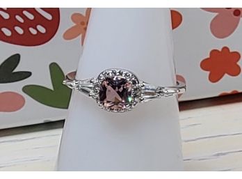 Stunning Created Pink Sapphire & White Topaz  Sterling Silver Ring With Princess Cut Center Stone With Halo