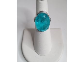 12 CT Created Paraiba Tourmaline & White Topaz Sterling Silver Ring