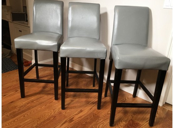 Set Of Three Leather / Pleather Kitchen / Bar Stools - Black Frame With Gray Material - Overall Good Shape