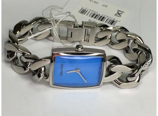 Fantastic Brand New $399 CALVIN KLEIN Ladies Watch With All Silvertone Case & Bracelet With Light Blue Face