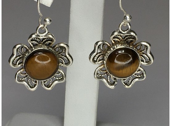 Lovely Sterling Silver / 925 Earrings With High Polished Tiger Eye - Very Pretty - Brand New Never Worn