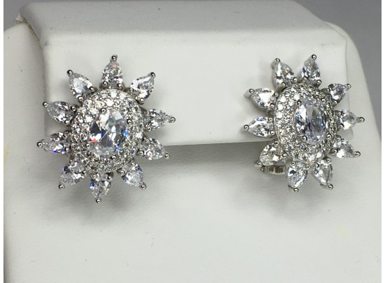 Stunning 925 / Sterling Silver Sunburst Earrings With Dozens Of Sparkling White Zircons - Amazing Look !