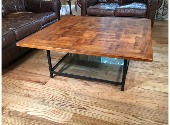 Fantastic Marquetry Top & Wrought Iron Cocktail / Coffee Table With Glass Lower Shelf - GREAT Piece !
