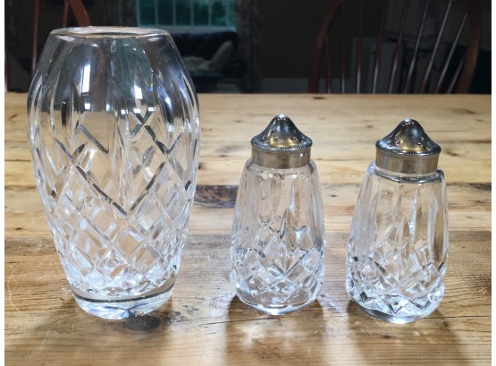 Lovely Lot Of Three (3) Pieces Of WATERFORD CRYSTAL - Very Nice Urn Vase & Pair Of Salt & Pepper Shakers