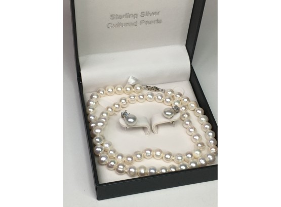 Brand New Cultured Baroque Pearl Necklace & Earring Set With Sterling Silver Clasp & Mounts - NEVER WORN !
