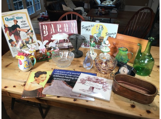 Huge Lot Of Assorted Home Decor Items - Tin Signs - Glassware - Rooster Pitcher - Movie Poster & MORE !