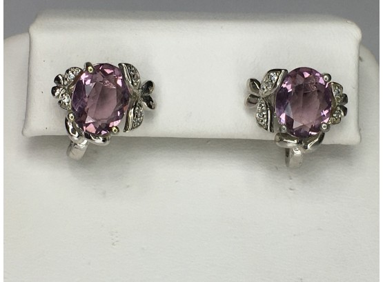 Lovely 925 / Sterling Silver Earrings With Amethyst & White Topaz Floral Accents - Very Pretty Earrings
