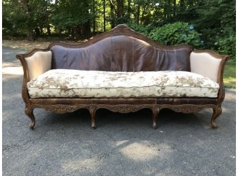 Fantastic Vintage Style LILLIAN AUGUST Large Sofa - Leather Back / Fabric Cushions / Pillows - Needs Redoing