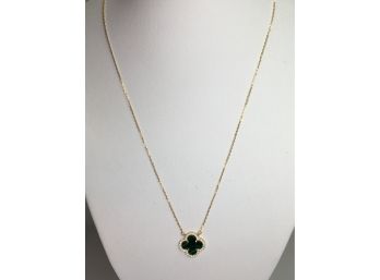 Lovely Van Cleef STYLE Malachite Alhambra Pendant On 18' Sterling With Gold Overlay Necklace - Very Pretty !