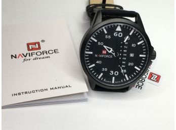 Great Looking Watch By NAVIFORCE - Brand New - Pilots Watch - Blacken Leather Strap - Very Nice - Great Gift !