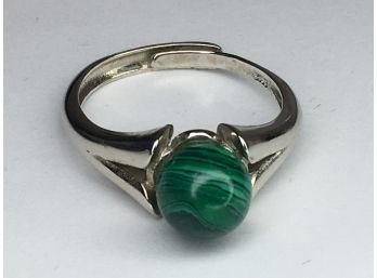 Very Nice Sterling Silver / 925 Ring With Highly Polished Spherical Malachite - Very Nice - Adjustable Size