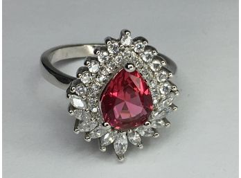 Wonderful 925 / Sterling Silver Ring With Teardrop Garnet Encircled With Rows Of Sparkling White Zircons