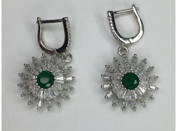 Wonderful Sterling Silver / 925 Sunburst Earrings With Emeralds & Sparkling White Zircons - Expensive Look !