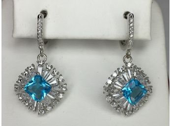 Very Elegant 925 / Sterling Silver Earrings With Sparkling White Zircons And Light Blue Topaz - Expensive Look