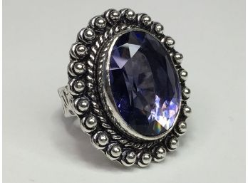 Fantastic 925 / Sterling & Iolite Cocktail Ring - Very Pretty Piece With Etched Designs - Very Pretty Ring