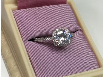 Very Pretty 925 / Sterling Silver Engagement Style Ring With Large White Zircon - Very Nice Vintage Style