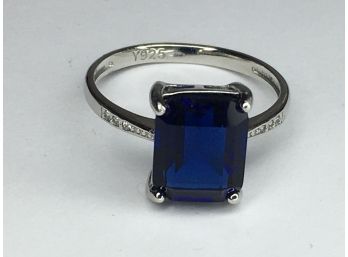 Very Pretty & Elegant 925 /  Sterling Silver Ring With Emerald Cut Sapphire With Tiny White Sapphire Accents