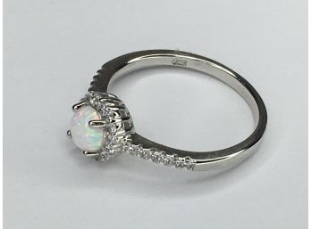 Lovely 925 / Sterling Silver Ring With Opal Center Stone - Encircled & Flanked With Sparkling White Zircons