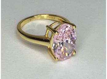 Fabulous 925 / Sterling Silver With 14K Gold Overlay Ring With Large Oval Faceted Pink Tourmaline - Stunner !